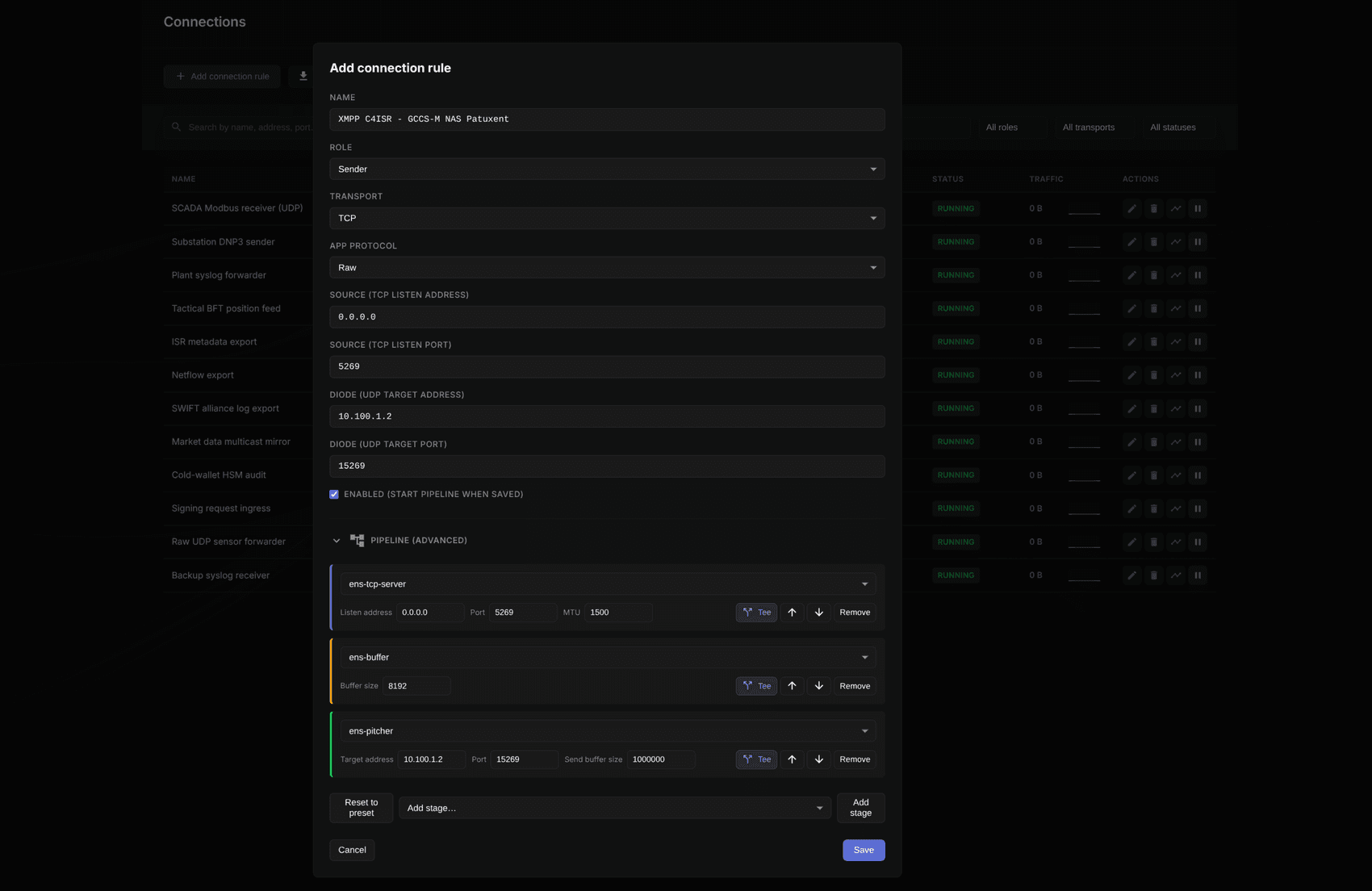 Lattice Add connection rule dialog with TCP sender preset and custom ENS pipeline stages