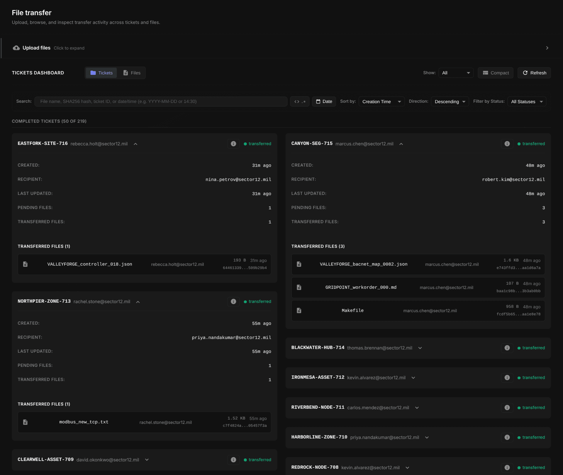 Lattice file transfer dashboard showing completed tickets