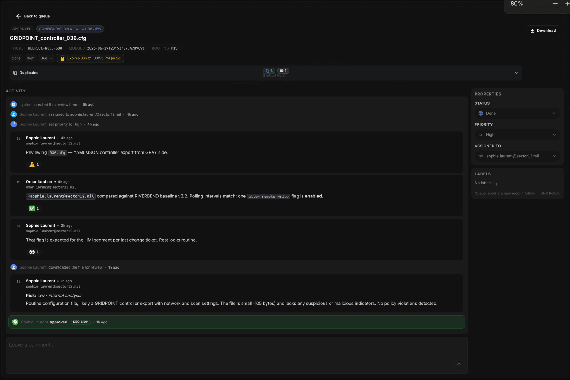 Lattice RHR ticket review with approve and disapprove actions